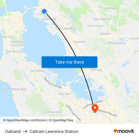 Oakland to Caltrain Lawrence Station map