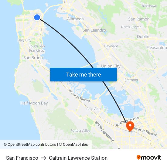 San Francisco to Caltrain Lawrence Station map