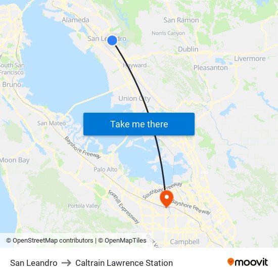 San Leandro to Caltrain Lawrence Station map