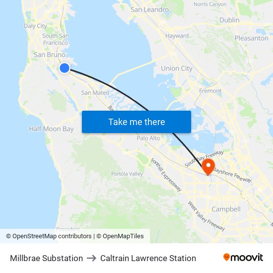 Millbrae Substation to Caltrain Lawrence Station map