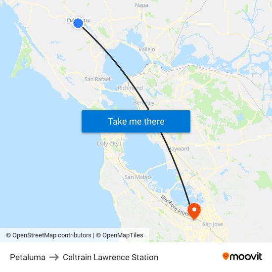 Petaluma to Caltrain Lawrence Station map