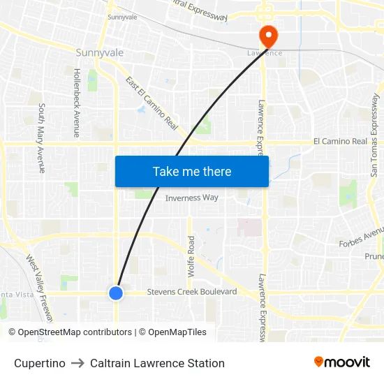 Cupertino to Caltrain Lawrence Station map