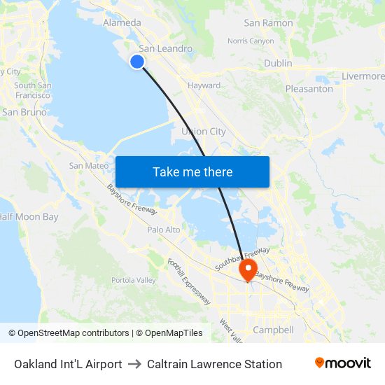 Oakland Int'L Airport to Caltrain Lawrence Station map