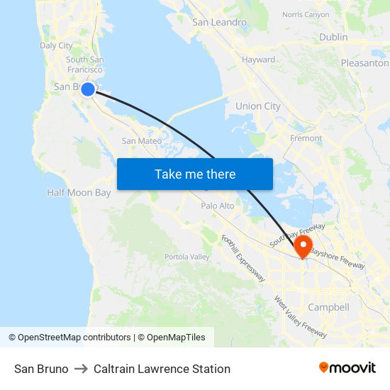 San Bruno to Caltrain Lawrence Station map