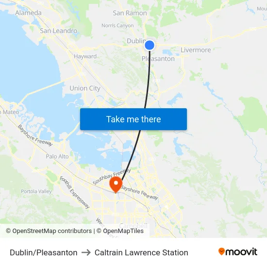 Dublin/Pleasanton to Caltrain Lawrence Station map