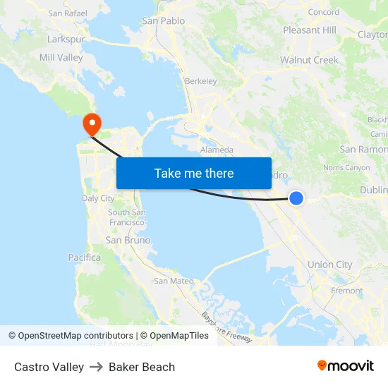 Castro Valley to Baker Beach map