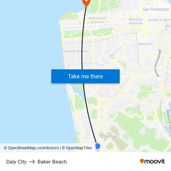 Daly City to Baker Beach map
