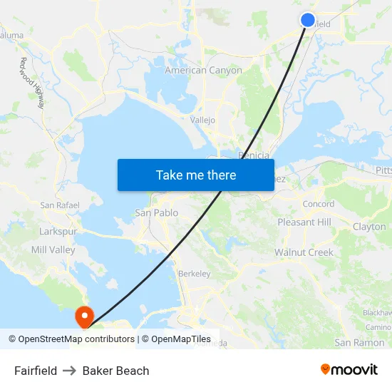 Fairfield to Baker Beach map