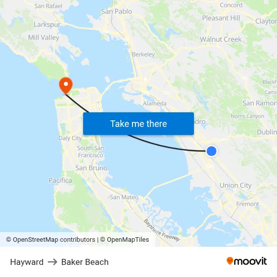 Hayward to Baker Beach map