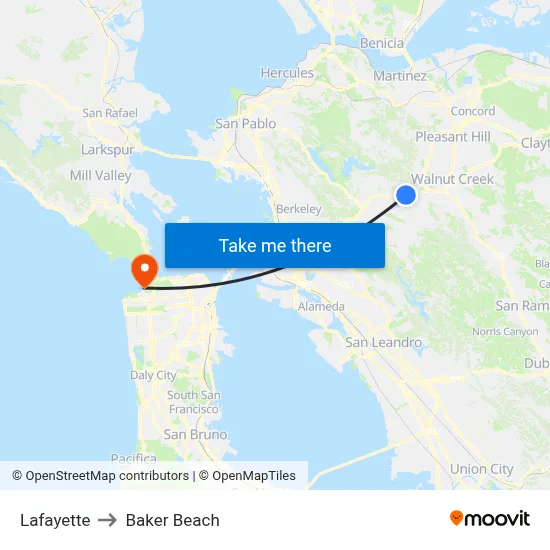 Lafayette to Baker Beach map