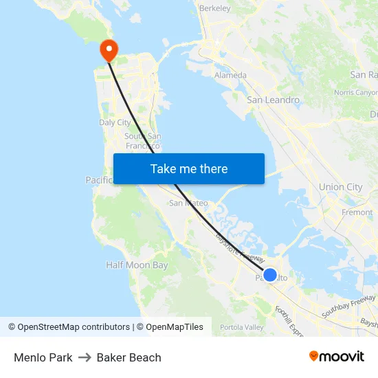 Menlo Park to Baker Beach map