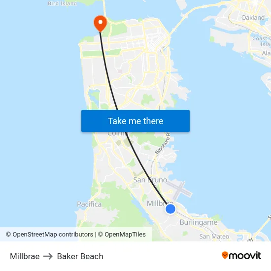 Millbrae to Baker Beach map