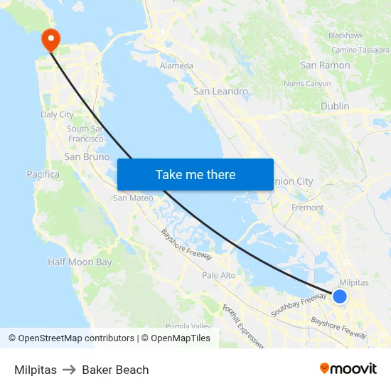 Milpitas to Baker Beach map
