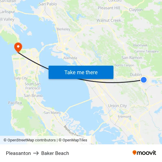 Pleasanton to Baker Beach map