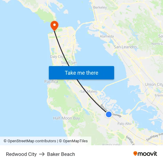 Redwood City to Baker Beach map
