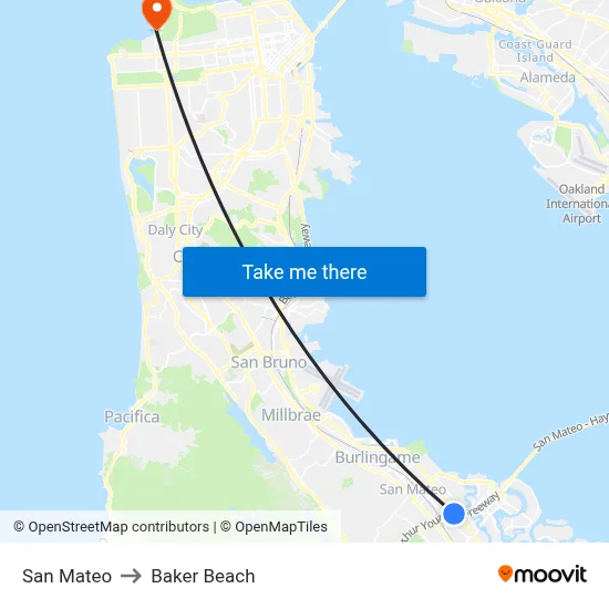 San Mateo to Baker Beach map