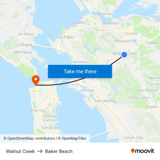 Walnut Creek to Baker Beach map