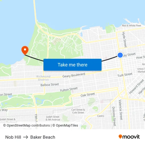 Nob Hill to Baker Beach map