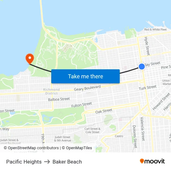 Pacific Heights to Baker Beach map