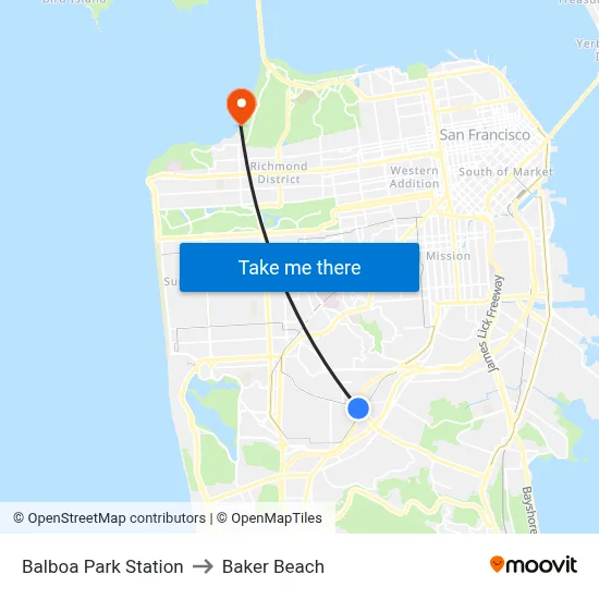 Balboa Park Station to Baker Beach map