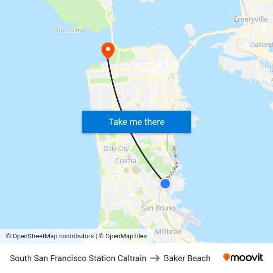 South San Francisco Station Caltrain to Baker Beach map