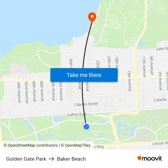 Golden Gate Park to Baker Beach map