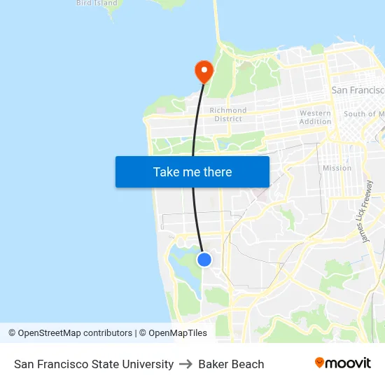 San Francisco State University to Baker Beach map