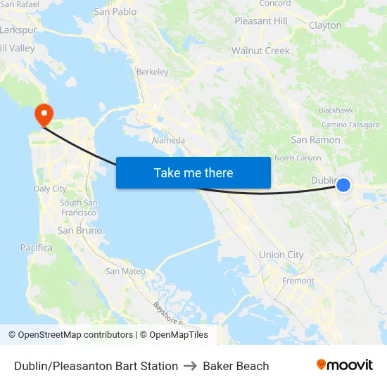 Dublin/Pleasanton Bart Station to Baker Beach map