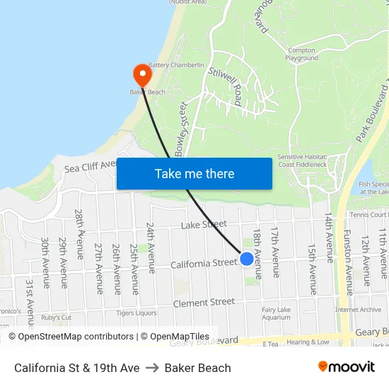 California St & 19th Ave to Baker Beach map