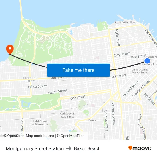 Montgomery Street Station to Baker Beach map
