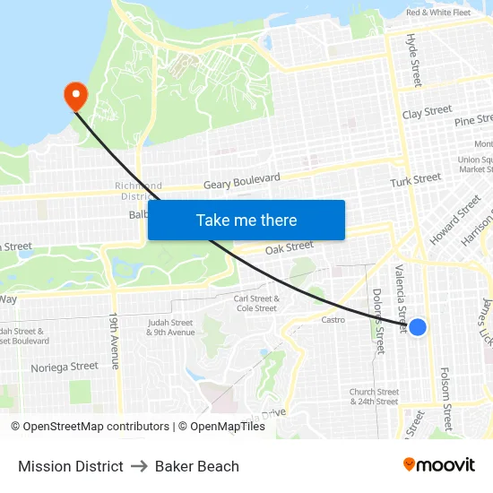 Mission District to Baker Beach map