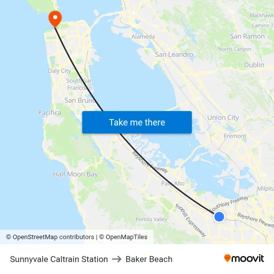 Sunnyvale Caltrain Station to Baker Beach map