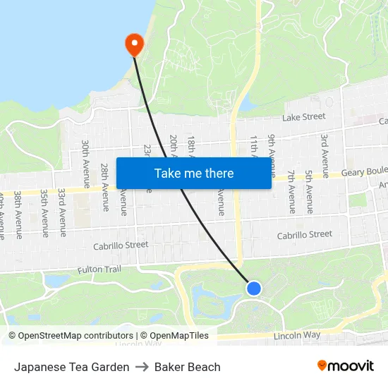 Japanese Tea Garden to Baker Beach map