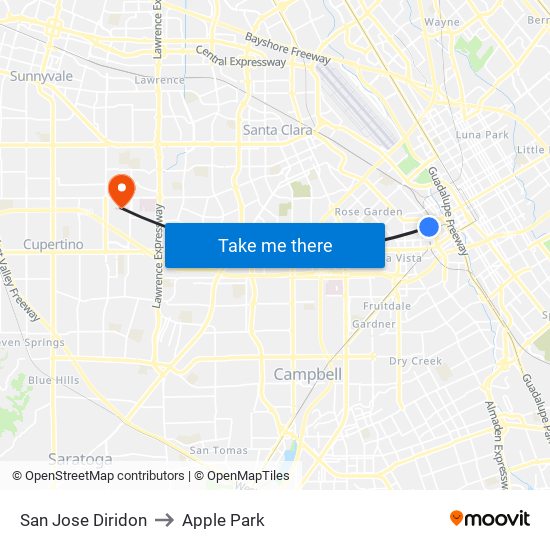 San Jose Diridon to Apple Park map