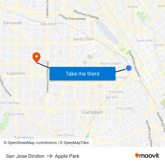San Jose Diridon to Apple Park map