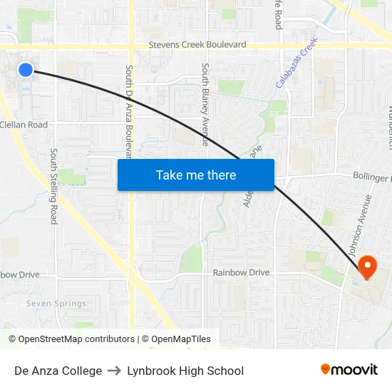 De Anza College to Lynbrook High School map
