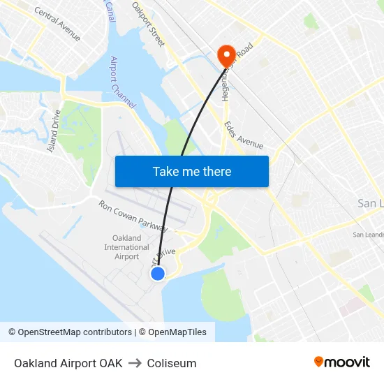 Oakland Airport OAK to Coliseum map
