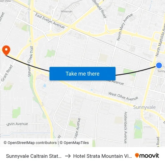 Sunnyvale Caltrain Station to Hotel Strata Mountain View map