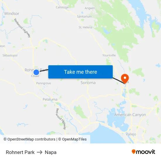Rohnert Park to Napa map