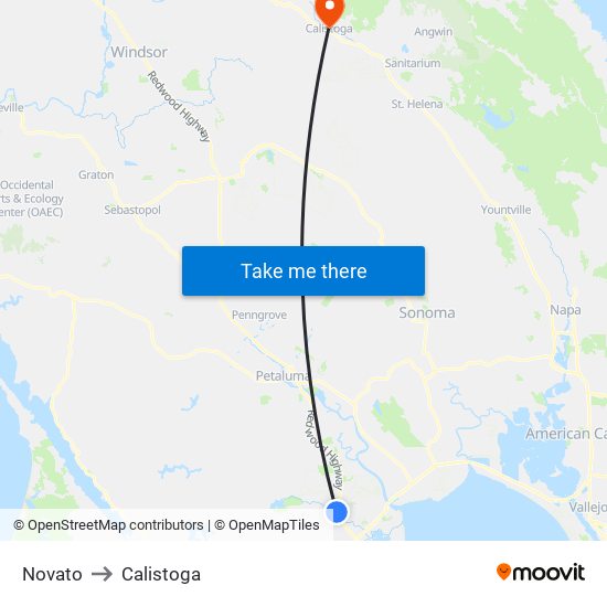Novato to Calistoga map