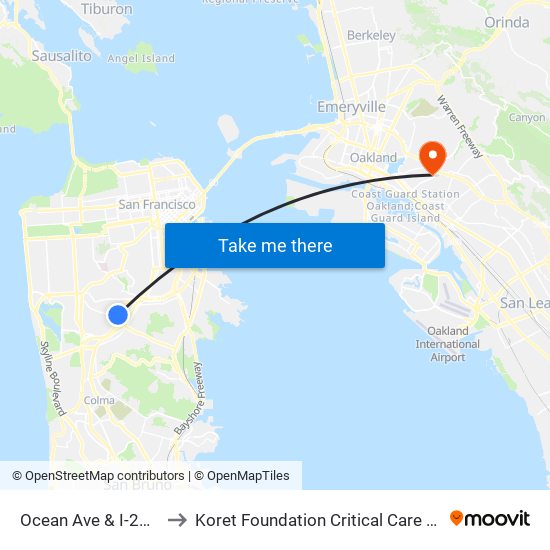 Ocean Ave & I-280 on Ramp to Koret Foundation Critical Care and Clinical Center map