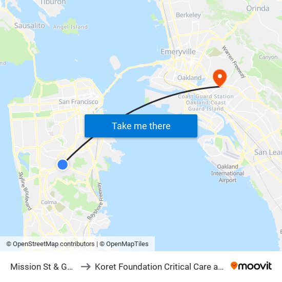 Mission St & Geneva Ave to Koret Foundation Critical Care and Clinical Center map