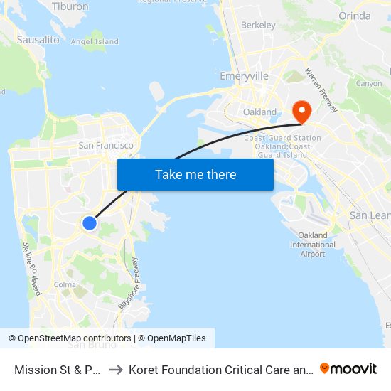 Mission St & Persia Ave to Koret Foundation Critical Care and Clinical Center map