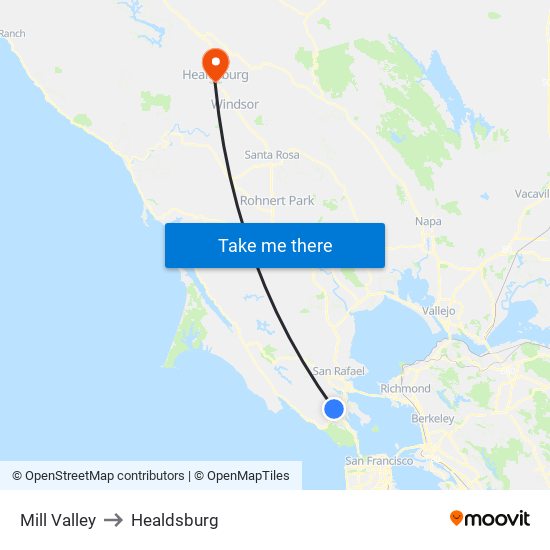 Mill Valley to Healdsburg map