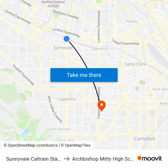 Sunnyvale Caltrain Station to Archbishop Mitty High School map