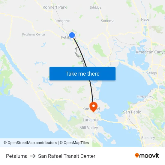 Petaluma to San Rafael Transit Center map