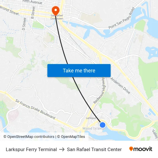 Larkspur Ferry Terminal to San Rafael Transit Center map