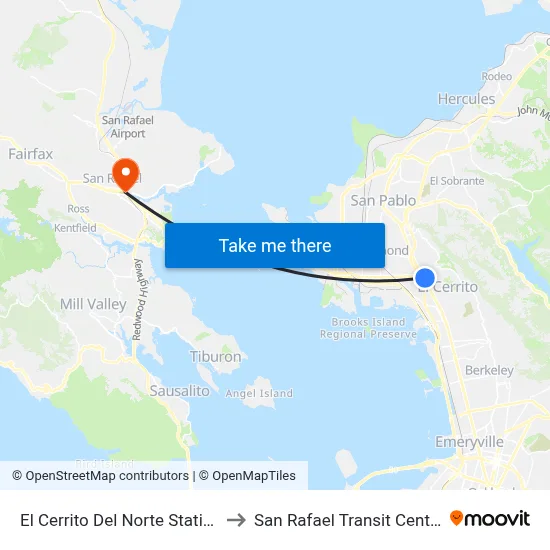 El Cerrito Del Norte Station to San Rafael Transit Center map