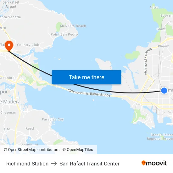 Richmond Station to San Rafael Transit Center map