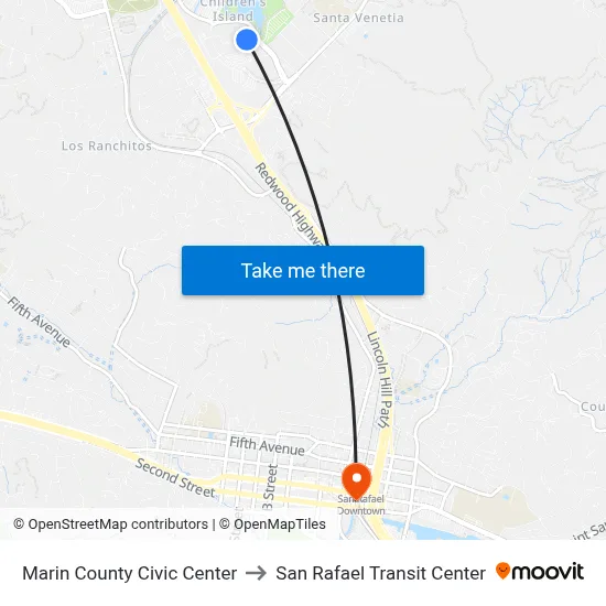 Marin County Civic Center to San Rafael Transit Center map